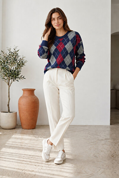 unika boutique Γυναικείο πλεκτό πουλόβερ με λαιμόκοψη με σχέδιο μπακλαβά