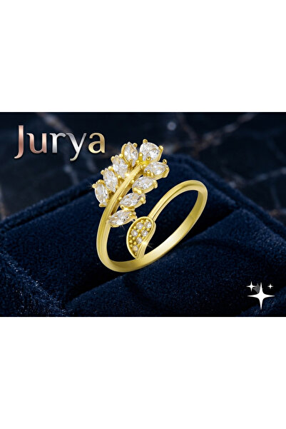 Gümüş Gold Ayarlanabilir Beyaz Taşlı Yaprak Kadın Yüzük