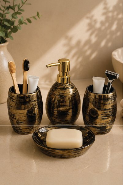renkliürün 4 Parça Dekoratif Seramik Banyo Seti Gold Desenli G16