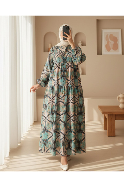 Modamorfo Women's Patterned Long Hijab Dress 2585 - D. Mint