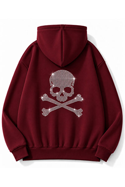 MOONBULL Unisex Kuru Kafa Taş Sırt Baskılı Kışlık 3 İplik Kanguru Cepli Kapüşonlu Oversize Sweatshirt