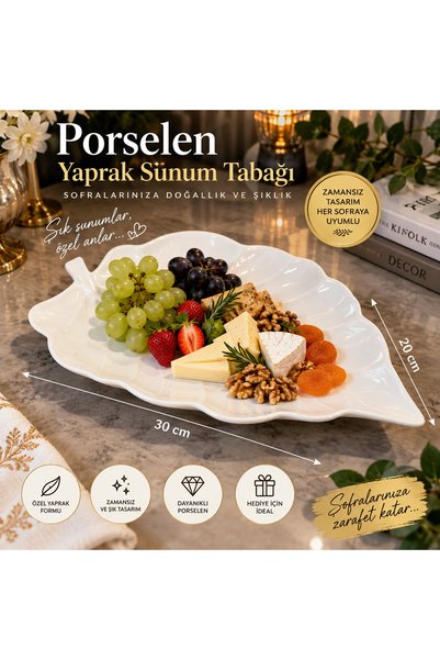 Atak Hediyelik Porcelain Leaf Shaped Kayık Presentation Plate Serving Dish 30 × 20 cm