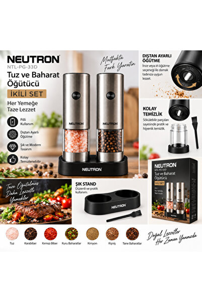 NEUTRON Led Işıklı Pilli Tuz ve Baharat Öğütücü Değirmen İkili Set Dıştan Aya...