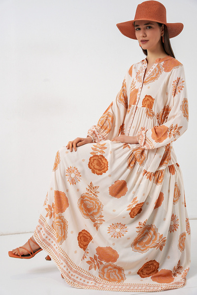 Modamorfo Women's Patterned Long Hijab Dress 2585 - D. Orange