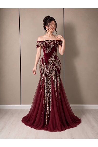 cucci Burgundy Velvet Sequin and Bead Embroidered Mermaid Evening Dress