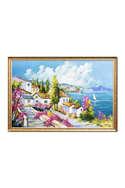 artnova Гигантска рамкирана картина, ръчно рисувана, гръцки средиземноморски ...