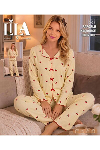 Kadın Uzun Kollu Pijama Takımı – Sarı Kiraz Desenli, Kaşkorse Kumaş