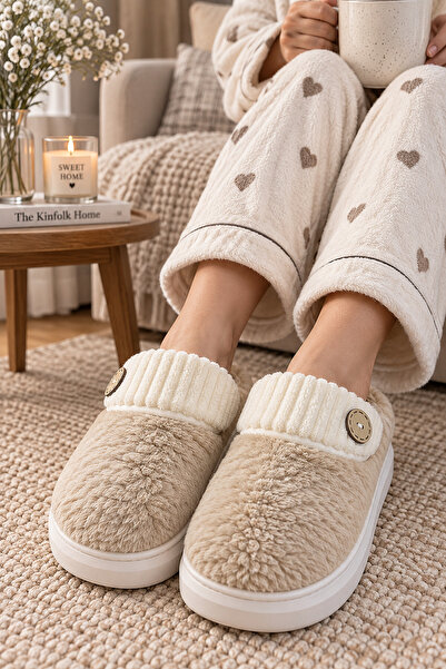 EBRUTESETTÜR Button Detailed Furry Plush House Slippers Beige