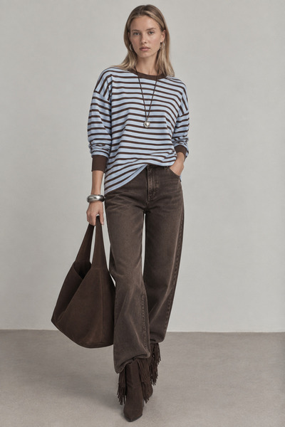 Manche Mavi Kahverengi Çizgili Bisiklet Yaka Oversize Sweatshirt | MKW2711653-1