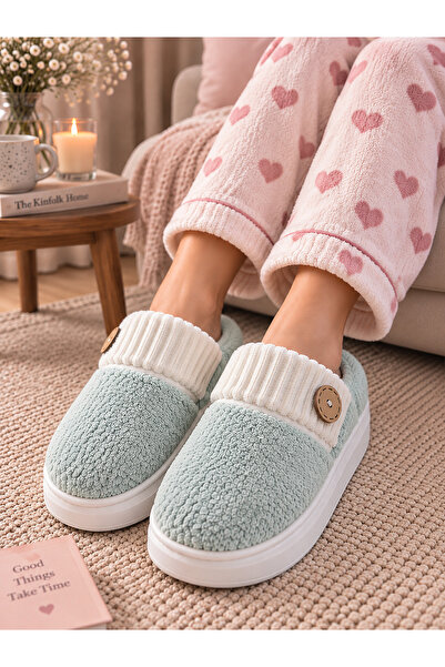 EBRUTESETTÜR Button Detailed Furry Plush House Slippers Mint