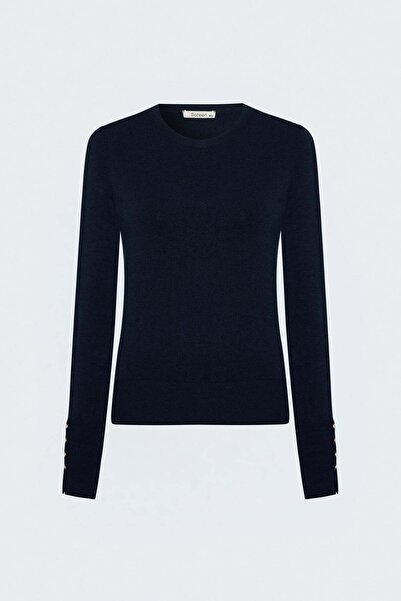 Sateen Long Sleeve Knitwear with Snap Detail - Navy Blue
