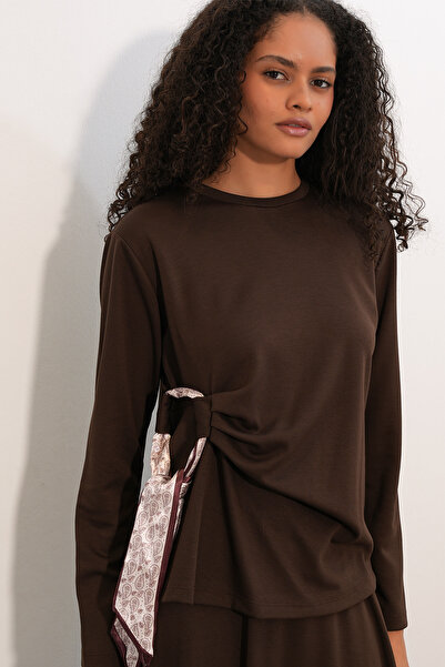 Modamorfo Women's Scarf Blouse Skirt Double Set 8077 - Brown