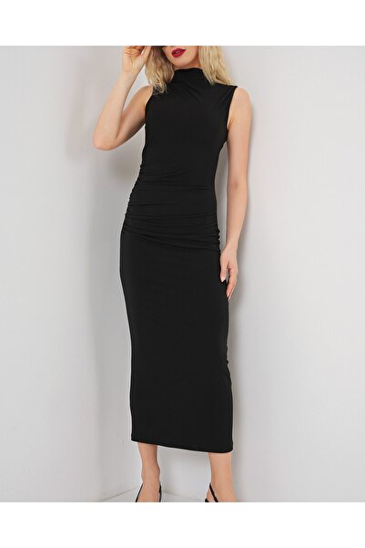 Modamorfo Women's Gathered Zero Sleeve Draped Dress 2579 - Black