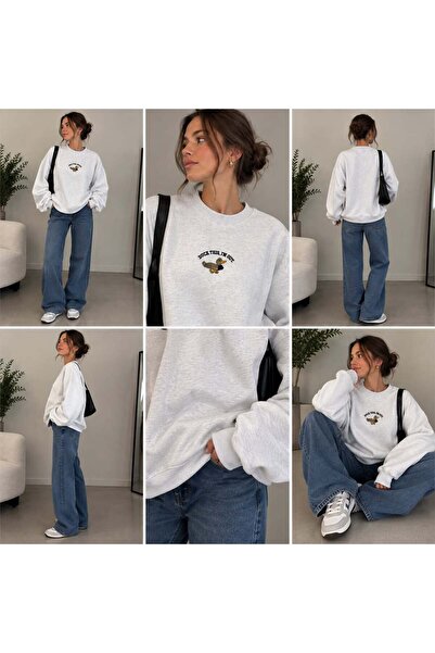 Ekru Ördek Nakışlı Bisiklet Yaka Oversize Sweatshirt