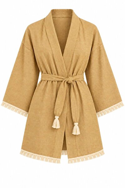 Mandaş Kimono Muslin 2-Layer Peshtemal Bathrobe (Size L-Xl) - Yellow