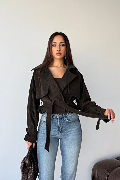 Serica Moda Kahverengi Kruvaze Kapamalı Kuşaklı Kısa Ceket