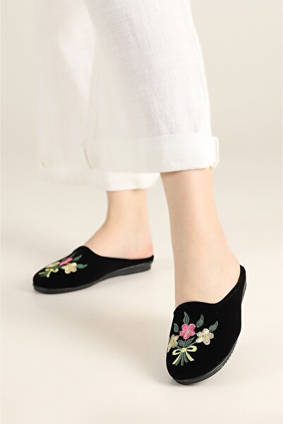 Seçkin Women's House Slippers with Floral Embroidery, Winter Indoor Soft Comf...