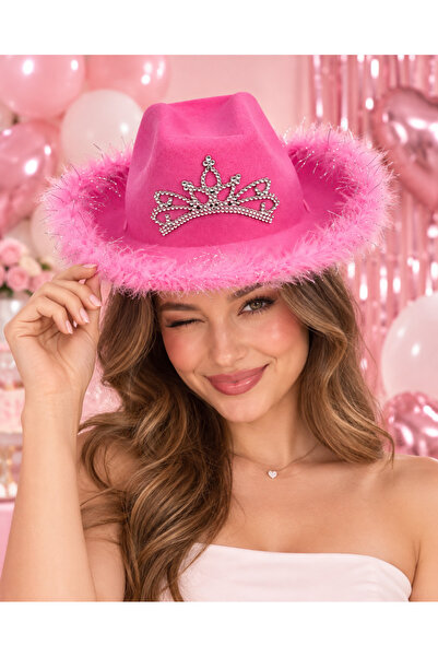 PARTİPORT Bride To Be Pembe Tüylü Taçlı Kovboy Şapkası Bekarlığa Veda Partisi...