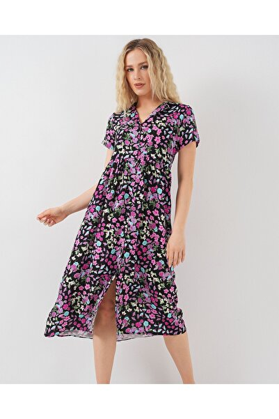 Modamorfo Women's Buttoned Short Sleeve Floral Dress 2561 - Black