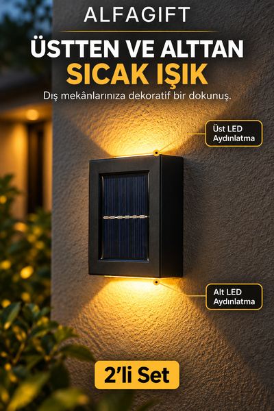ALFAGİFT 2 Adet Solar Güneş Enerjili LED Duvar Apliği Çift Yönlü Sıcak Sarı Işık Balkon Bahçe Aydınlatma Lambası