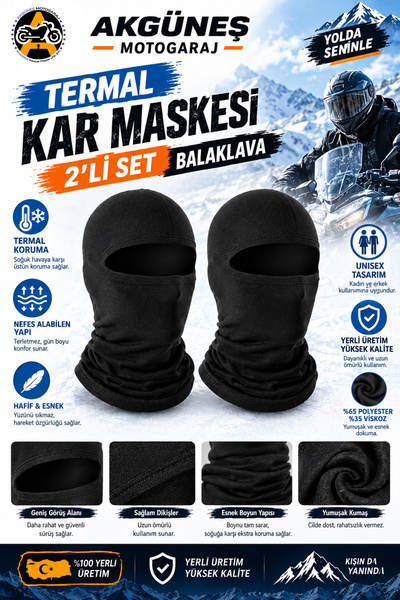 AKGÜNEŞ MOTOGARAJ Termal Kar Maskesi Balaklava 2'li Set – Motosiklet Kışlık S...