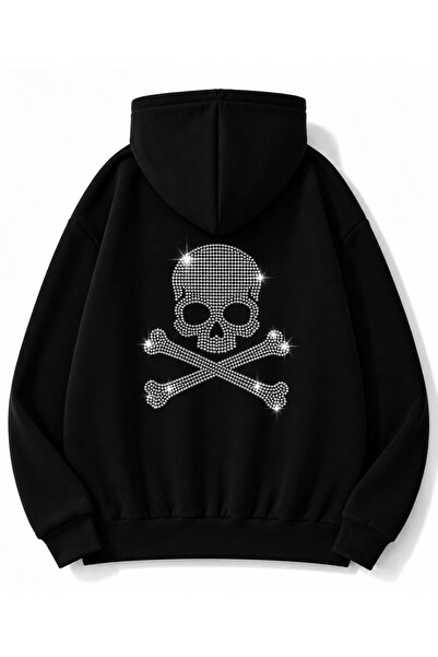 MOONBULL Unisex Kuru Kafa Taş Sırt Baskılı Kışlık 3 İplik Kanguru Cepli Kapüşonlu Oversize Sweatshirt
