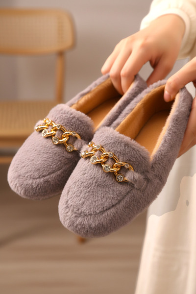 HFKY Women's Gold Chain Detailed Plush Indoor Ballerinas. Home Shoes