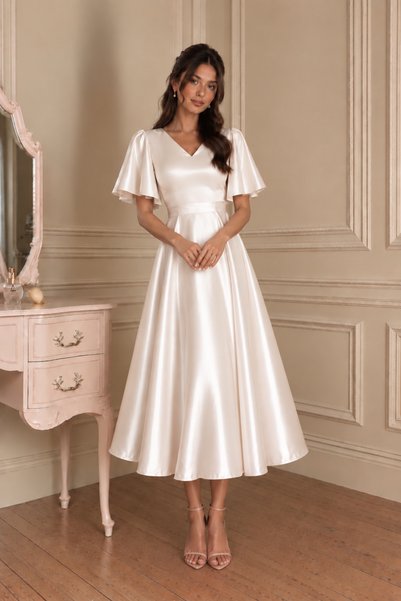 BEYZATURAN Women's Off-White Satin Dress – V-Neck Short Sleeve Flared Cut Midi Event Dress
