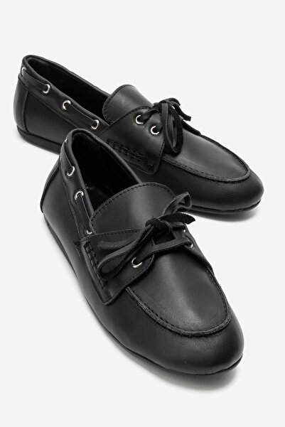 LuviShoes OSNEY Siyah Cilt Hakiki Deri Bağcıklı Kadın Loafer Ayakkabı