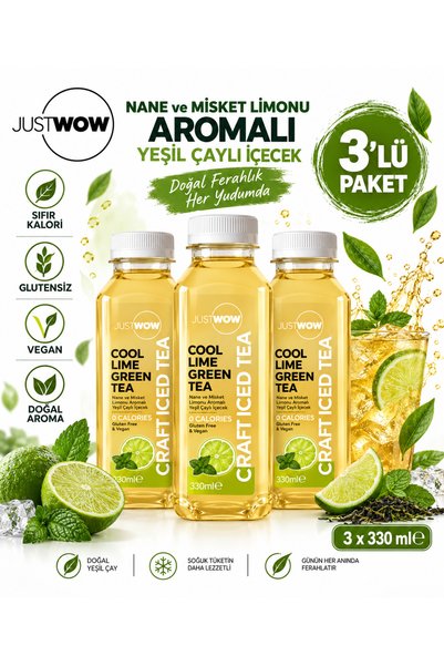 JUST WOW Cool Lime Nane & Misket Limonu Aromalı Yeşil Çaylı İçecek 330 ml x 3 Adet