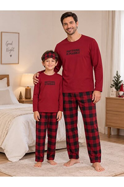 Fil Kids Baba-Oğul Erkek Çocuk Bordo Ekose Desenli Kışlık Bisiklet Yaka Pijam...