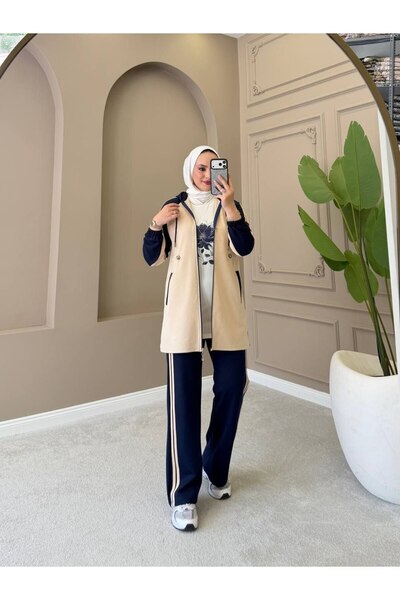 moda4b Women's 3-Piece Tracksuit Set – Hooded, Buttoned, Pocketed, Two-Thread...
