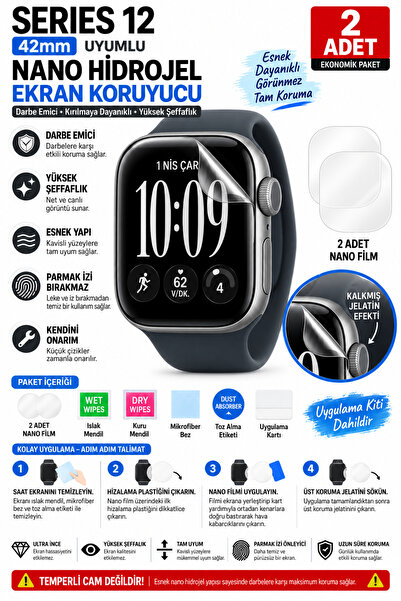 Astakos Apple Watch Series 12 42mm Uyumlu 2 Adet Şeffaf Nano Hidrojel Kırılma...