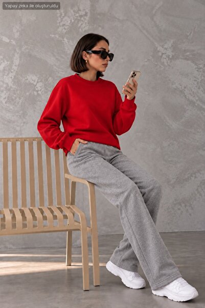 caddekombin Women's Plain Unprinted Sweatpants - Wide Leg High Waist Knitted ...