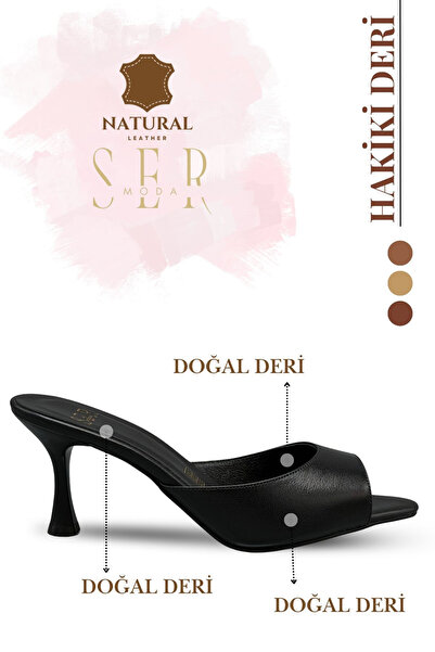Moda Anna Genuine Leather Women's Slippers - 7 cm Heeled Genuine Leather Wome...