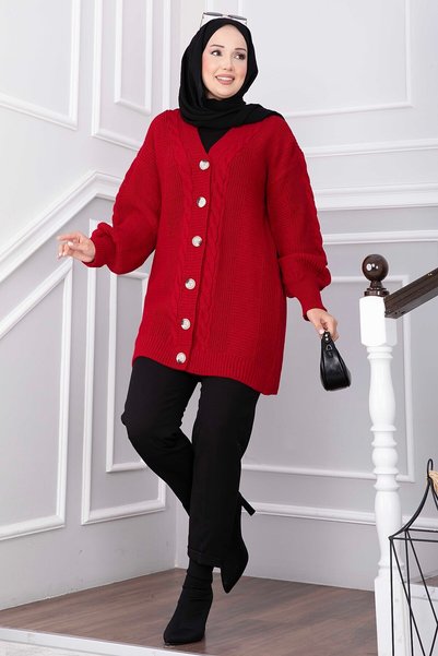 EBRUTESETTÜR Hair Braid Detailed Buttoned Knitwear Cardigan Red