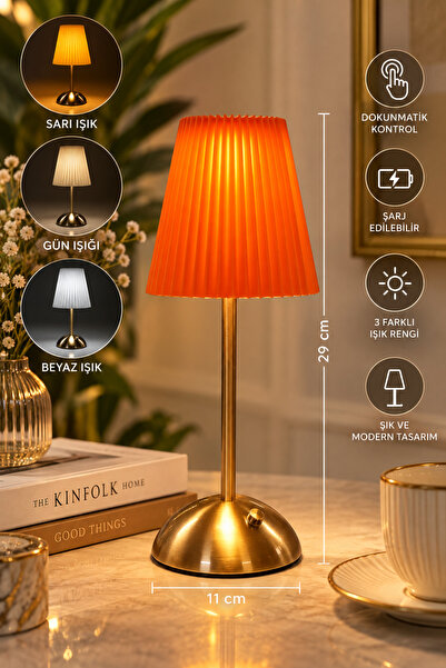 MAKRİ HOME Şarjlı Dekoratif Masa Lambası Pileli Desenli Abajur USB Şarjlı Met...