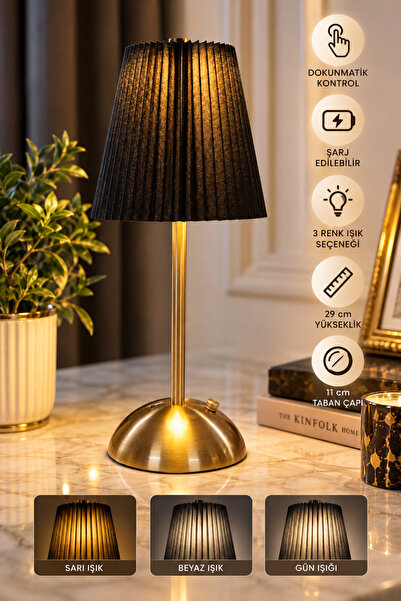 MAKRİ HOME Şarjlı Dekoratif Masa Lambası Pileli Desenli Abajur USB Şarjlı Met...