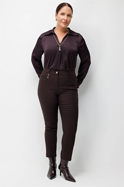 Ekol Women's Accessory Detailed Skinny Leg Pants Brown