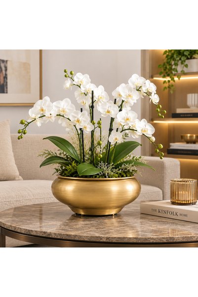 Tomac Gold Dekoratif Saksı Salon Saksısı Yuvarlak Metal Saksı Çiçeklik