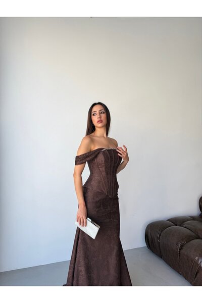 Serica Moda Brown Off-Shoulder Bustier Detailed Lace Long Evening Dress
