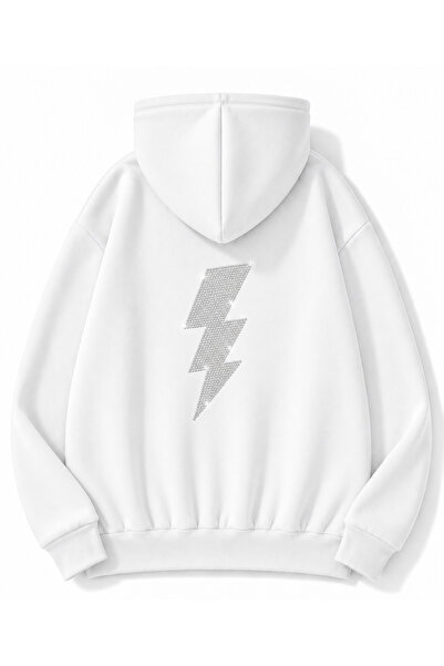MOONBULL Unisex Şimşek Taş Sırt Baskılı Kanguru Cepli Kapüşonlu Oversize Sweatshirt