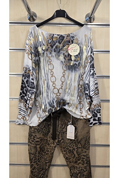 Park Moda Italian Mercerized Blouse with Gilded Leopard Pattern