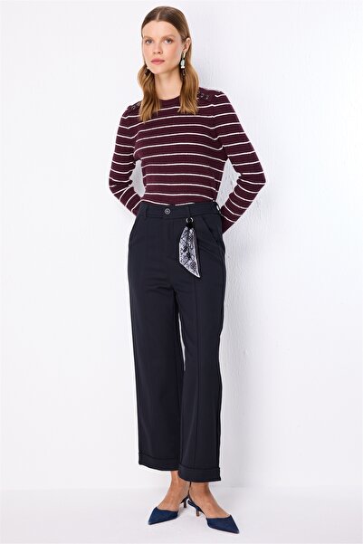 Ekol Women's Scarf Detailed Double-Legged Trousers Navy Blue