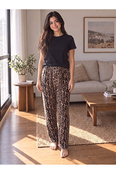 Yediler Tekstil Rahat Kalıp Yüksek Bel Baskılı Yumuşak Polar Pijama Altı