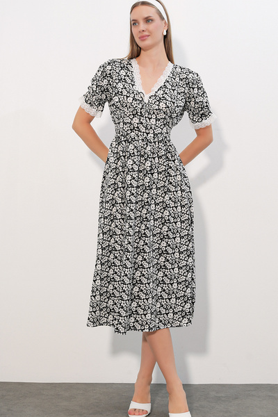 Modamorfo Women's Lace Collar Patterned Dress 2626 - Black