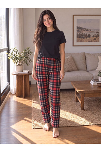 Yediler Tekstil Rahat Kalıp Yüksek Bel Baskılı Yumuşak Polar Pijama Altı