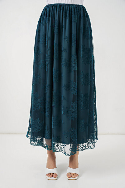 Modamorfo Women's Flok Printed Long Tulle Skirt 8070 - Petrol