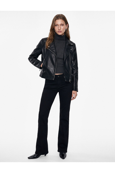 Koton Uzun Kollu Fermuarlı Suni Deri Crop Biker Ceket