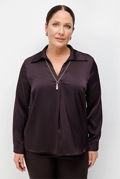 Ekol Women's Polo Neck Blouse with Pearl Necklace, Plum
